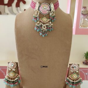 Ishika Kundan Choker Set In Pink & Blue Colour