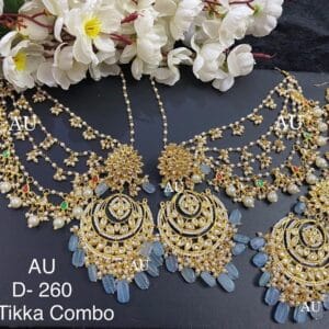 Anila Kundan Earrings Tikka Set With Earchain In Blue