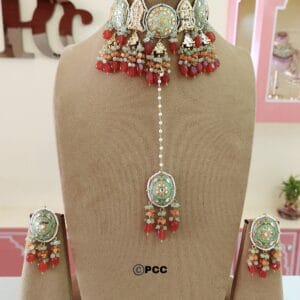 Sangeeta Kundan Choker Set In Green Colour