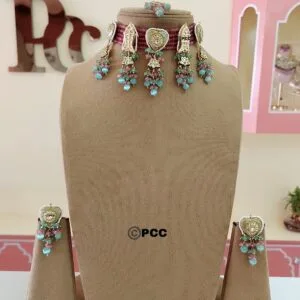 Jhanvi Kundan Choker Set In Pink & Turquoise Colour